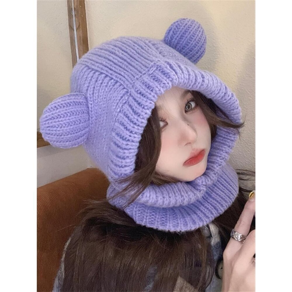 Women's Purple Cute Bear Balaclava Warm Hooded Scarf Beanie Hat Skull Pullover - Picture 3 of 7
